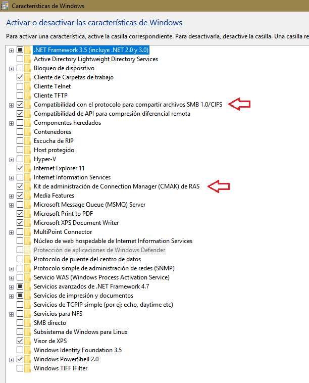 Activar o desactivar las características de Windows 10