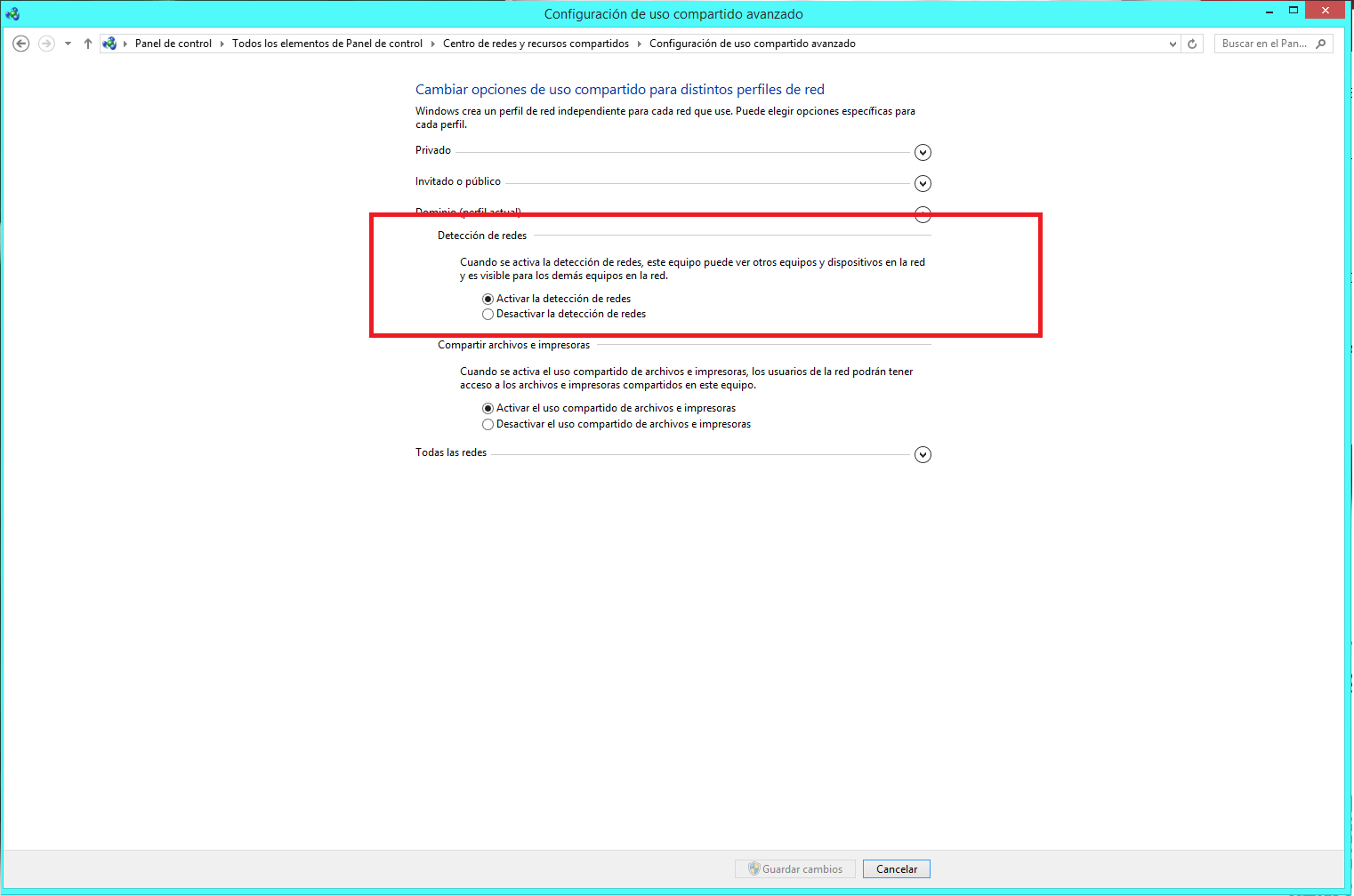 Configuración de uso compartido avanzado en Windows 10