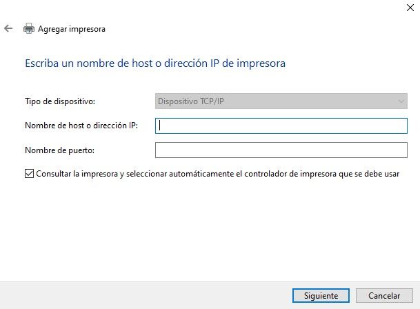 Agregar dispositivo impresora local configuración manual crear puerto nuevo escriba nombre host dirección IP