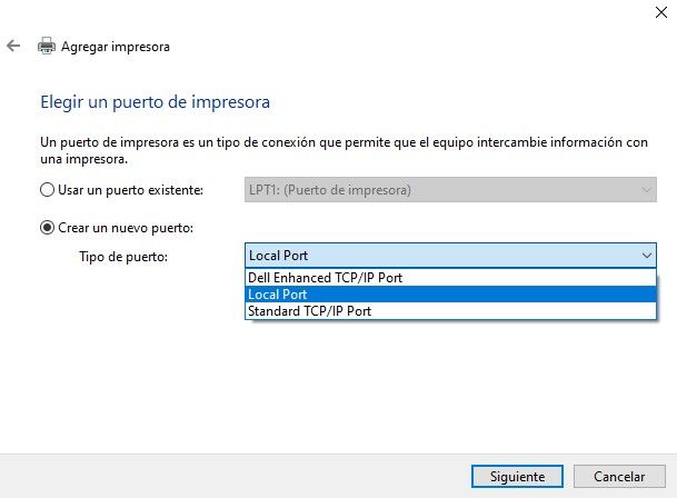 Agregar impresora local o de red configuración manual crear puerto nuevo