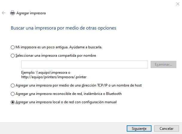 Agregar impresora local o de red configuración manual
