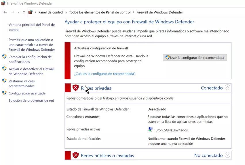 Firewall Windows Defender Configuración avanzada