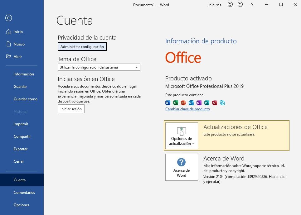 Office Cuenta Privacidad de la cuenta