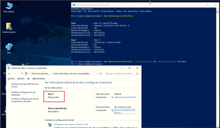 Windows Server cambiado de perfil de red pública a privada