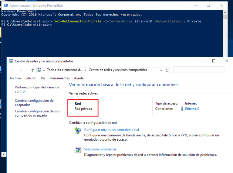 Cambio de red publica a privada Windows Server